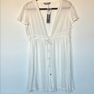 White Button-Down Swim Coverup Kimono by Allegra K